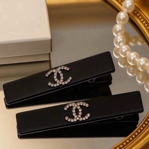 NEW Chanel Rhinestone CC Logo Black Metal Hair Clip Set Bling